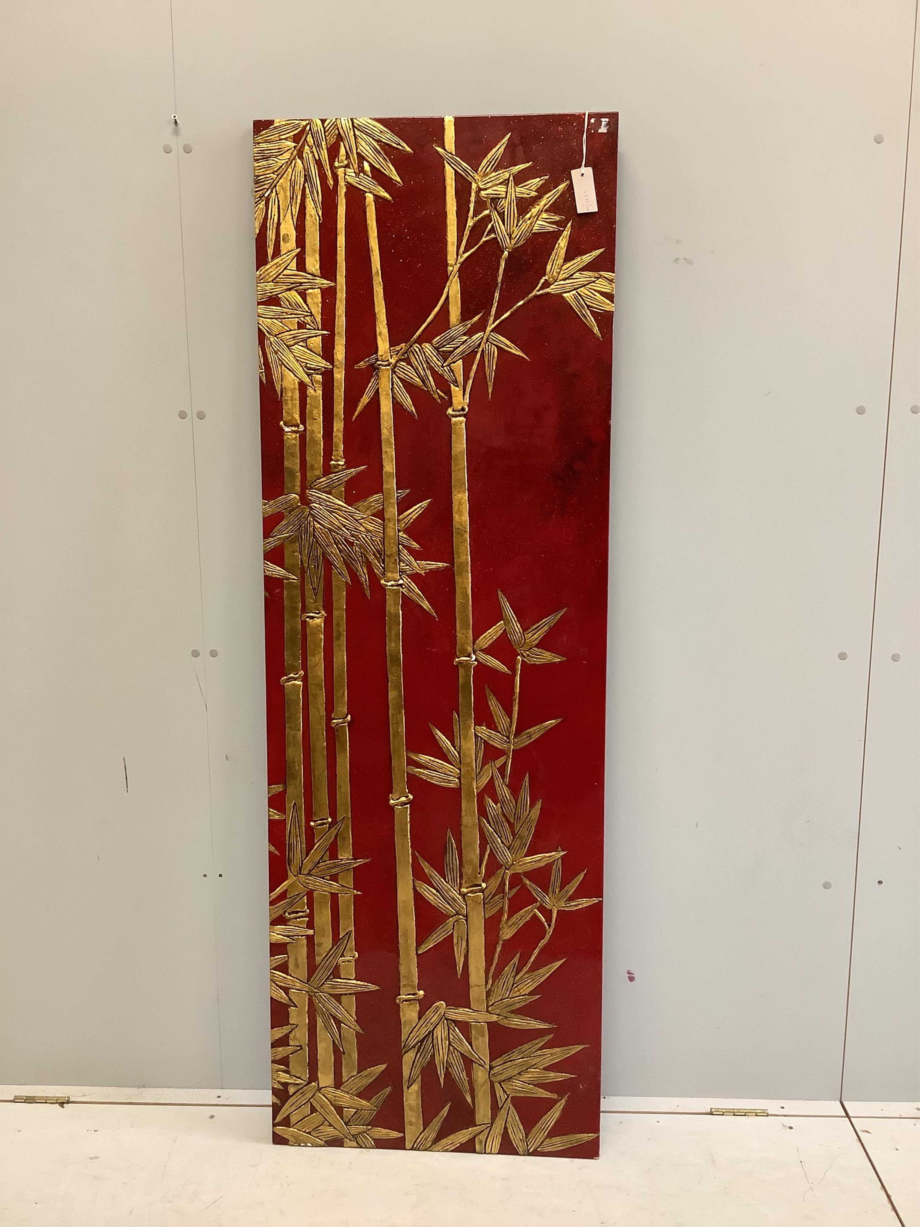 A decorative rectangular relief wall panel of bamboo, width 60cm, height 180cm. Condition -fair to good